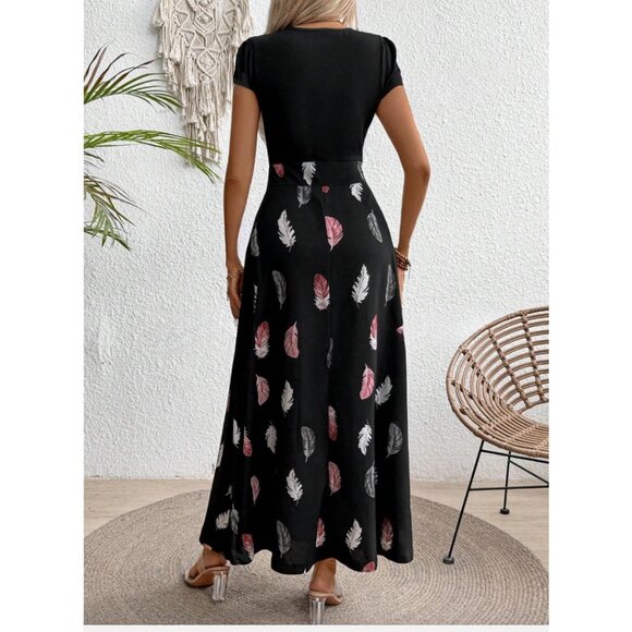 Black Printed Feather Patterned Dress - Picture 3 of 9